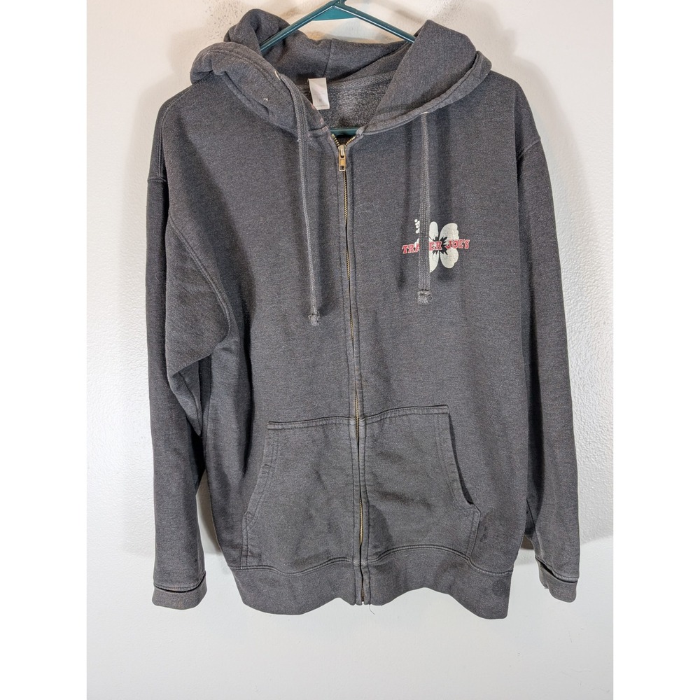 Trader Joe's Men's M Employee Zip Up Hoodie Charcoal Gray Hibiscus Logo LOOK